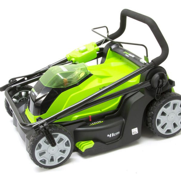 Greenworks 40v 41cm cordless lawnmower folded for storage