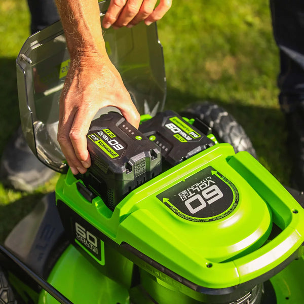 Dual battery port on the Greenworks 60V cordless lawnmower for extended runtime