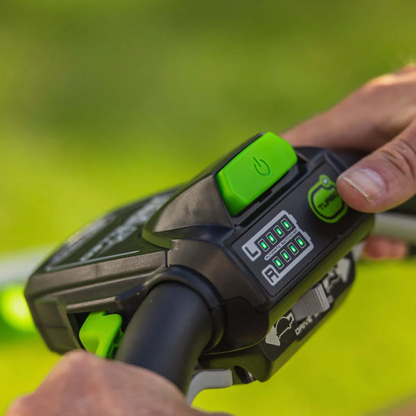 Close up of Greenworks 60V cordless lawnmower controls
