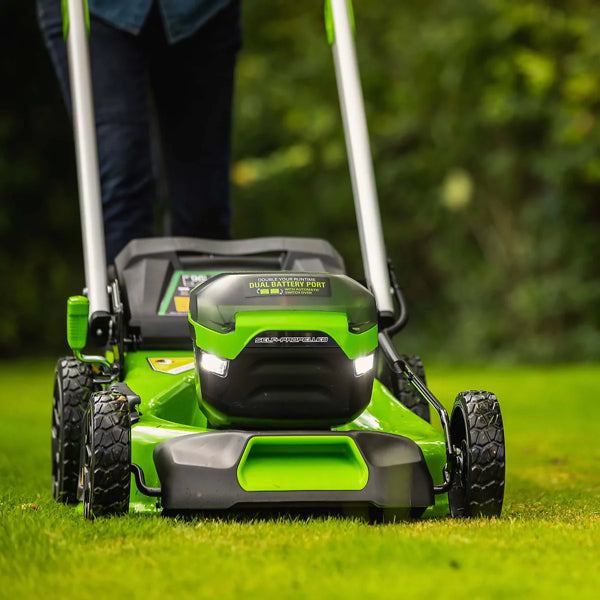 Greenworks 60V cordless lawnmower in use