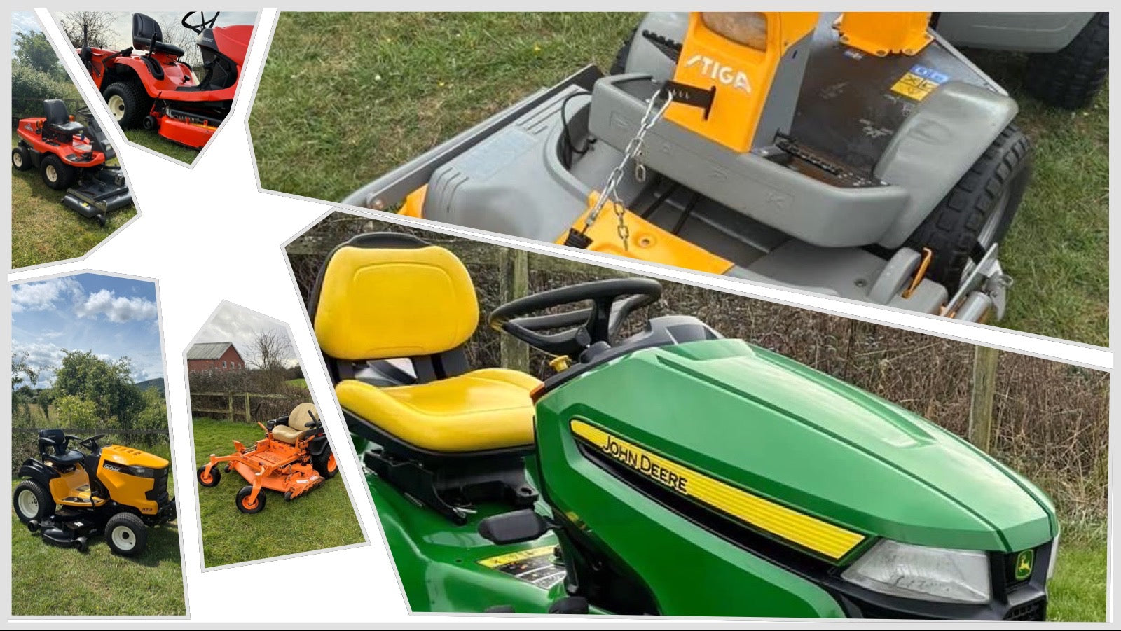 Pre-owned machinery collage featuring Stiga and John Deere ride-on mowers