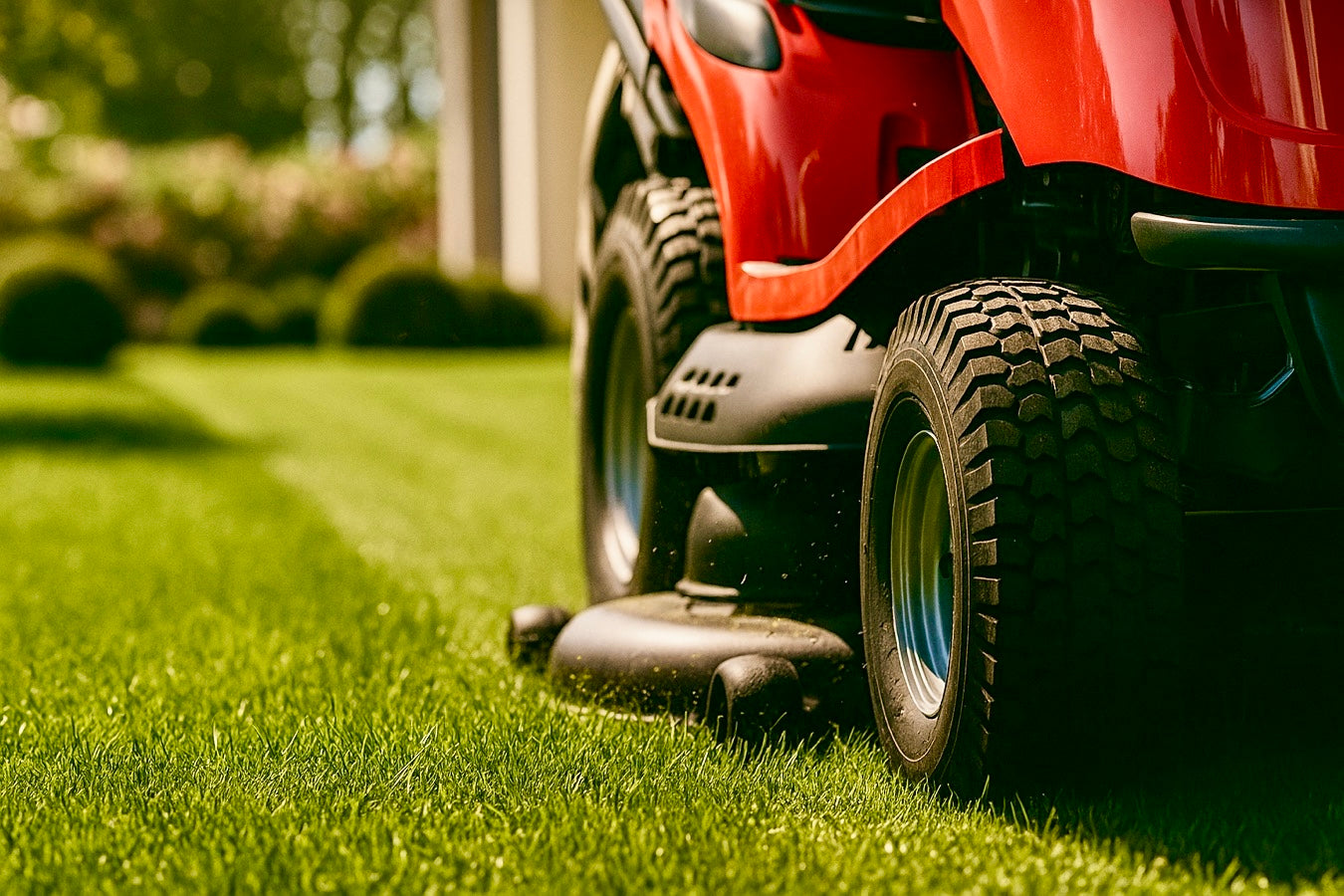 Close up of a red ride on lawn mower cutting grass