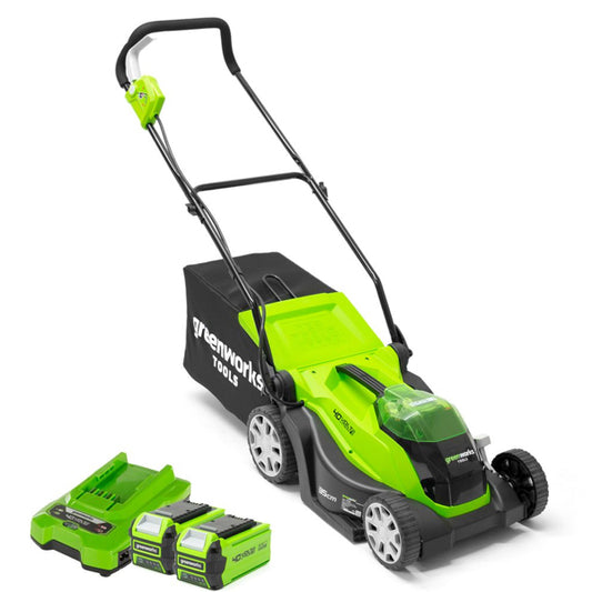 Greenworks 40v 35cm cordless lawnmower with 2x 2Ah batteries and charger