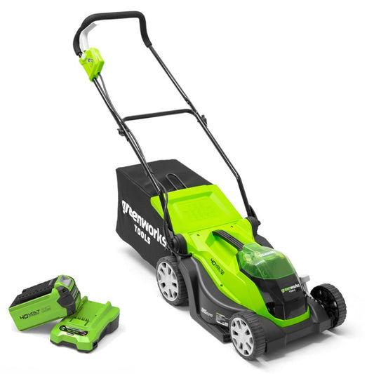 Greenworks 40v 35cm cordless lawnmower with 2Ah battery and charger