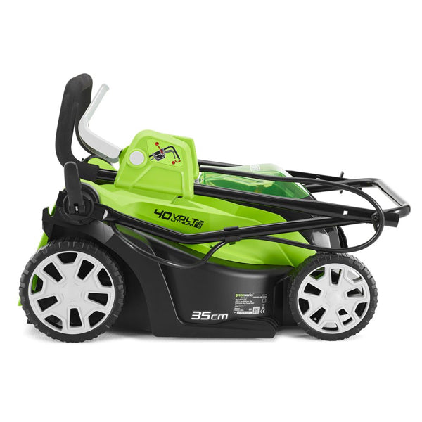 Greenworks 40v 35cm cordless lawnmower folded for storage