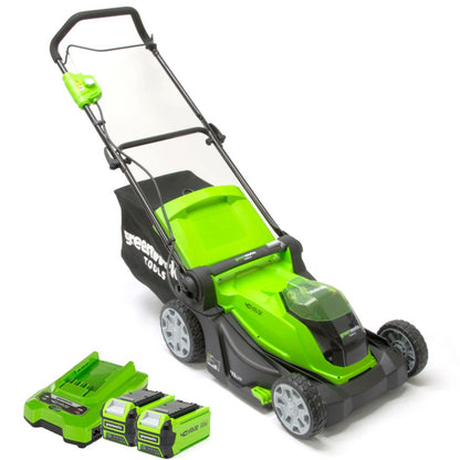 Greenworks 40v 41cm cordless lawnmower with 2x 2Ah batteries and charger
