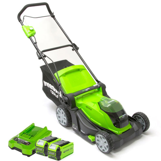 Greenworks 40v 41cm cordless lawnmower with 2x 2Ah batteries and charger