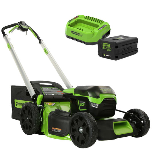 Greenworks 60V 51 cm cordless lawnmower with battery and charger- self propelled with LED headlights for effortless mowing