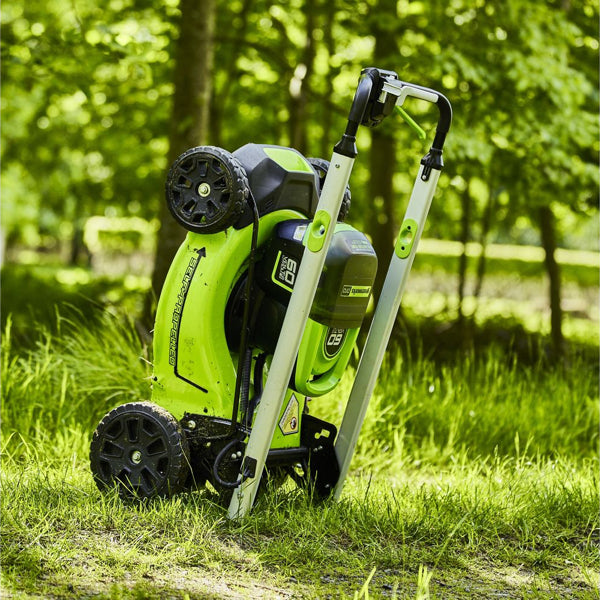 Greenworks 60V cordless lawnmower folded for storage