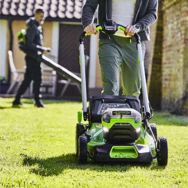 Greenworks 60V cordless lawnmower in use