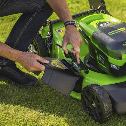 Side view of Greenworks 60V cordless lawnmower showing side discharge