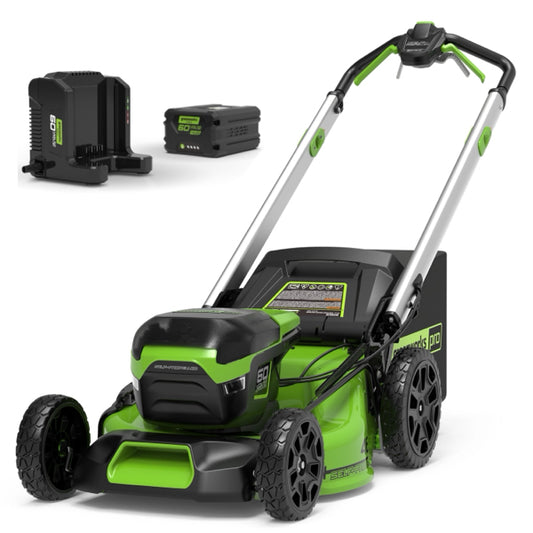 Greenworks 60V cordless lawnmower with battery and charger- self propelled with LED headlights for effortless mowing